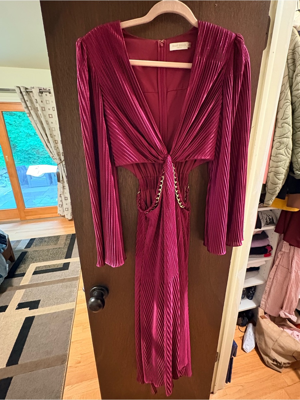 Ramy Brook Plum Velvet Long Sleeve Cutout Dress with Gold Chain Embellished Wais